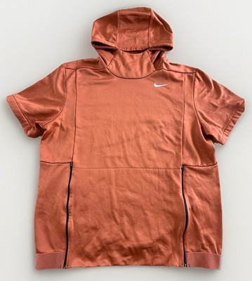 Nike Mens Sz L Pro Training Hoodie 1/4 Zip Hooded Ribbed Short Sleeve Orange GUC