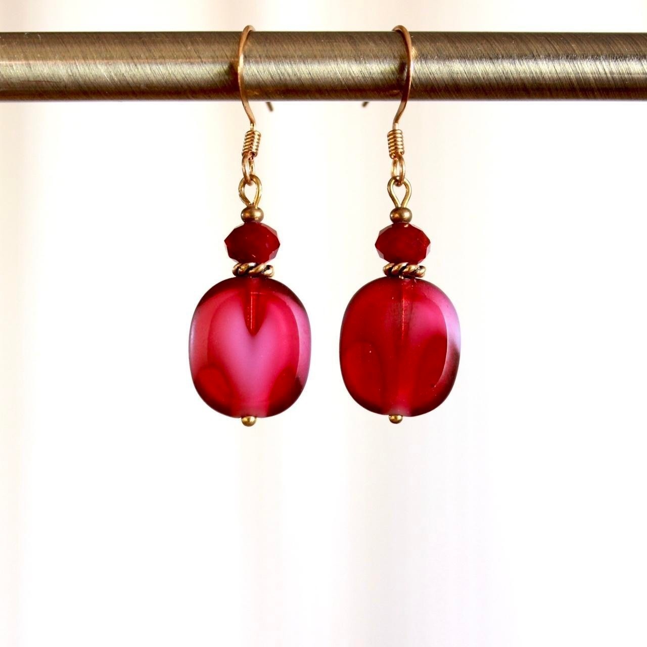 Handmade Ruby Red Czech Glass Dangle Drop Earring… - image 1