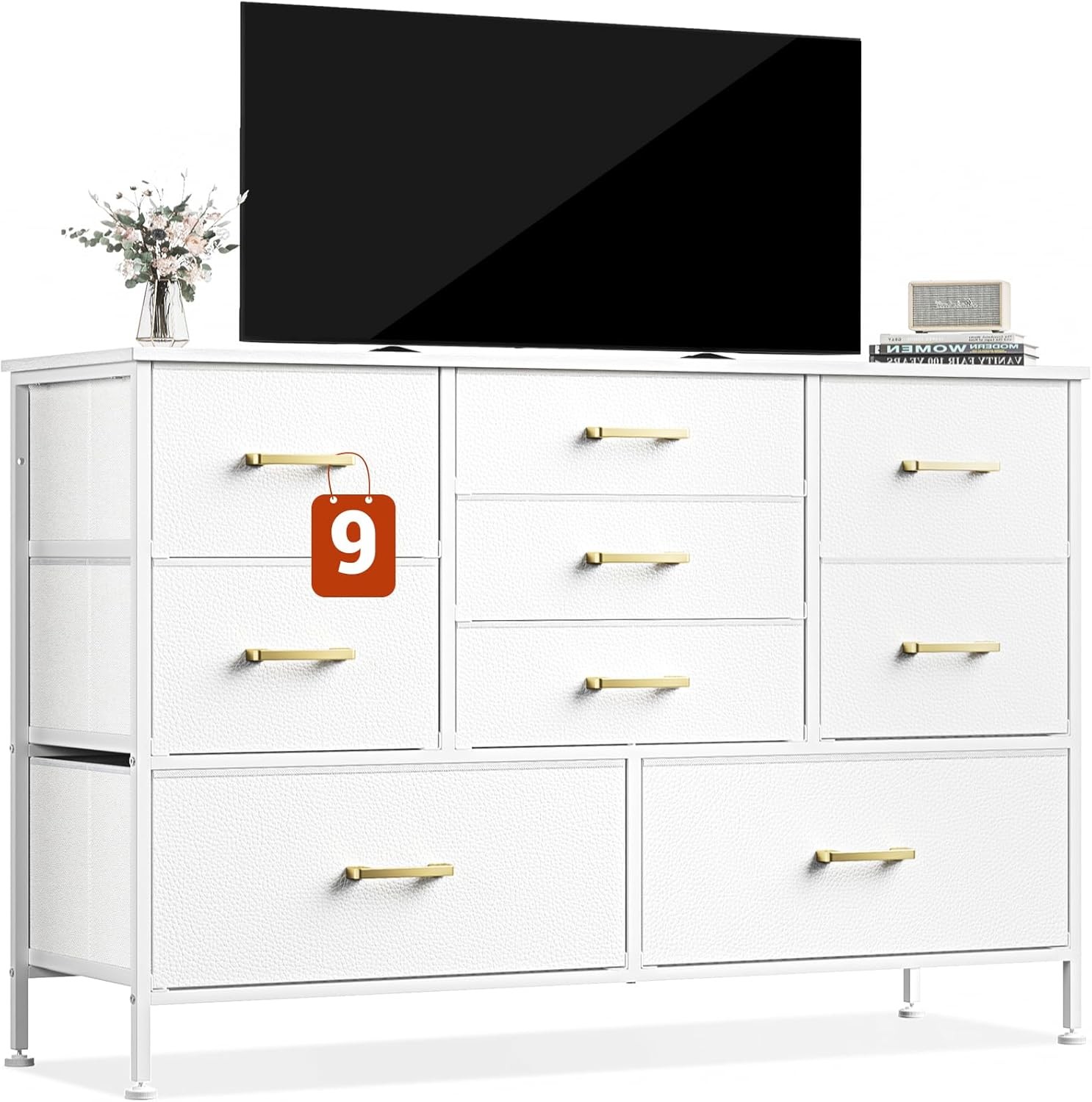 White Dresser for Bedroom TV Stand, Wide Dresser with 9 Large Drawers for 55”