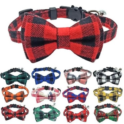 Christmas Plaid Cat Collar with Bow Tie & Bell - Adjustable Breakaway Pet Collar