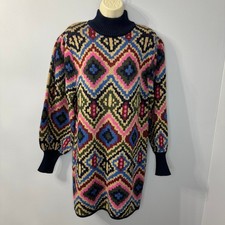 Farm Rio Womens Medium Rauti Wool Blend Puff Sleeve Sweater Dress Multicolor S