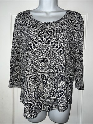 Lucky Brand Women's Long Sleeve Paisley Tunic Top Shirt Blue Beige Size Small S