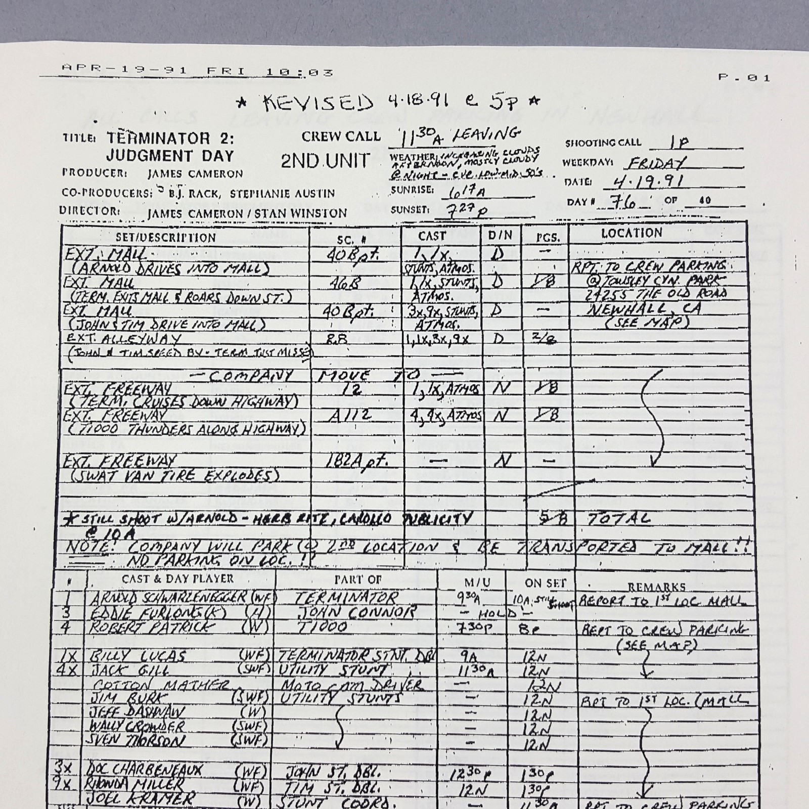 Image 3 of Terminator 2 - Production Used Call Sheet, Exterior Mall and Freeway, Terminator