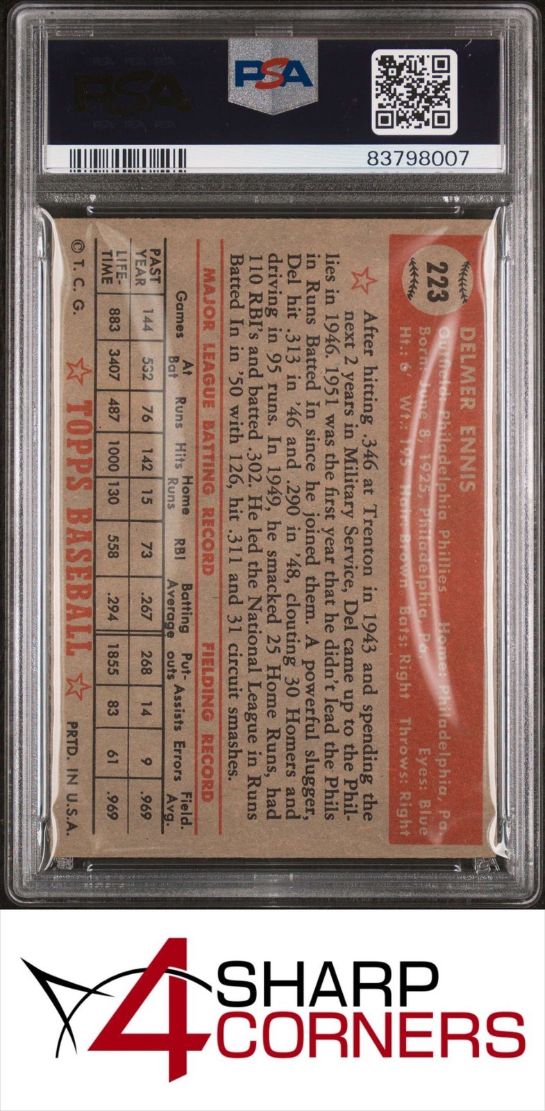 1952 TOPPS #223 DEL ENNIS PHILLIES PSA 6 view 2