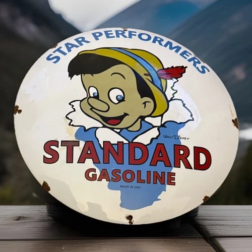 VINTAGE 12” STANDARD GASOLINE PINOCCHIO WALT DISNEY PORCELAIN METAL DOMED SIGN