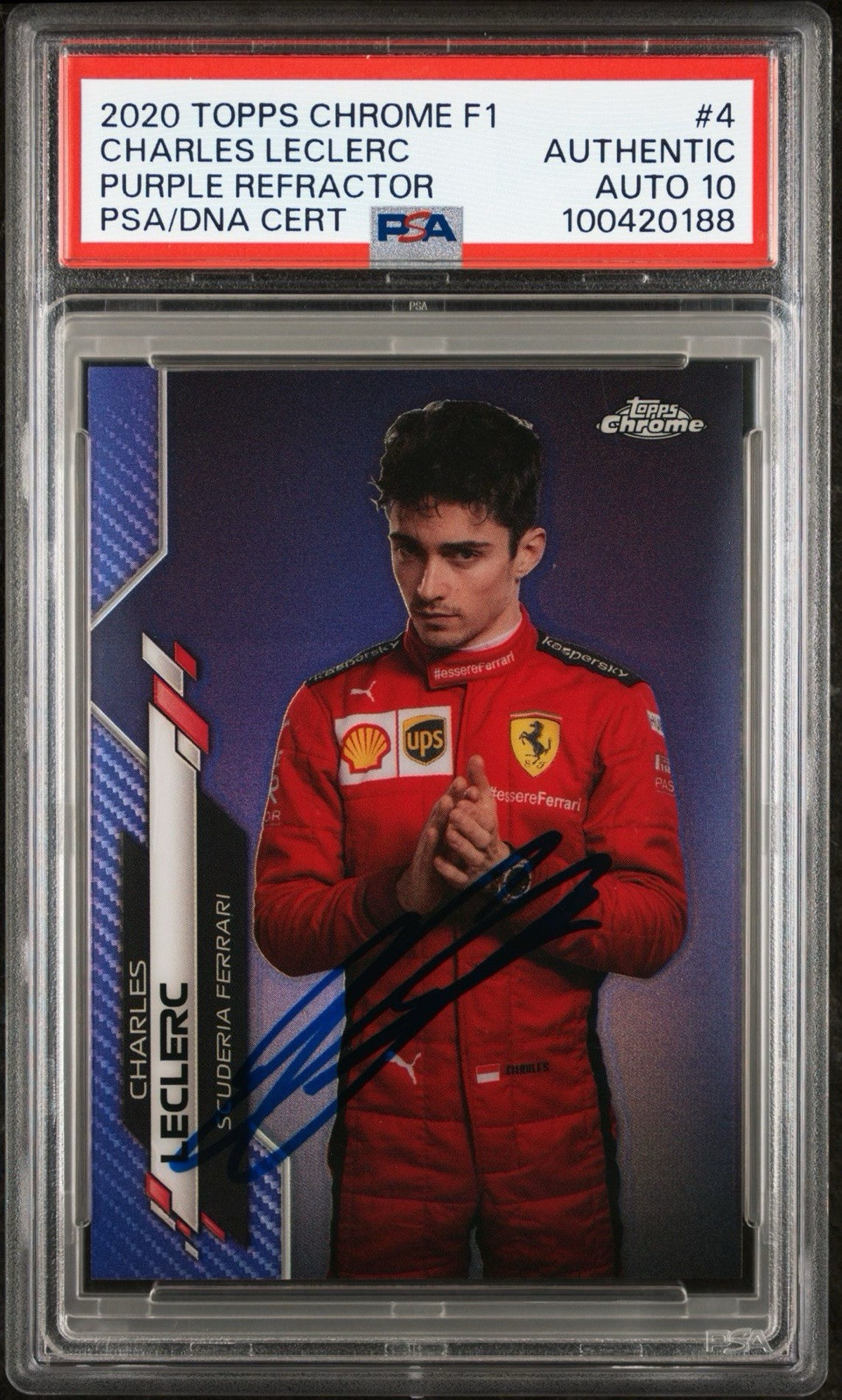 2020 Topps Chrome F1 #4 Charles Leclerc Purple Ref Rookie /399 Psa/Dna AUTO 10