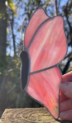 Vintage Aurora Pink Butterfly Stained Glass Sun Catcher 7  Ornament Shimmer