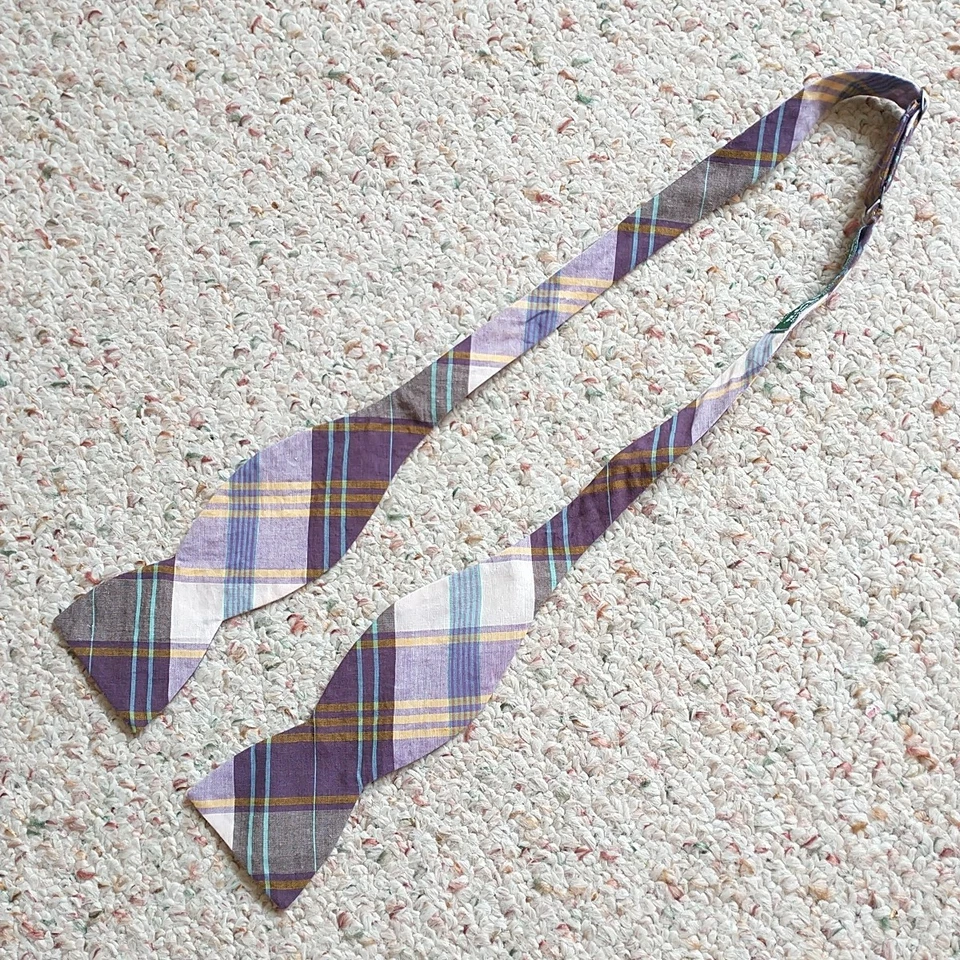 Beau Ties Ltd of Vermont Bow Tie Hand Sewn Purple Yellow Plaid Cotton Adjustable - Image 3 of 4