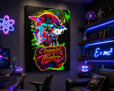 Cosmic Thinker Neon Graffiti Space Nerd Stretched Art Wall Canvas