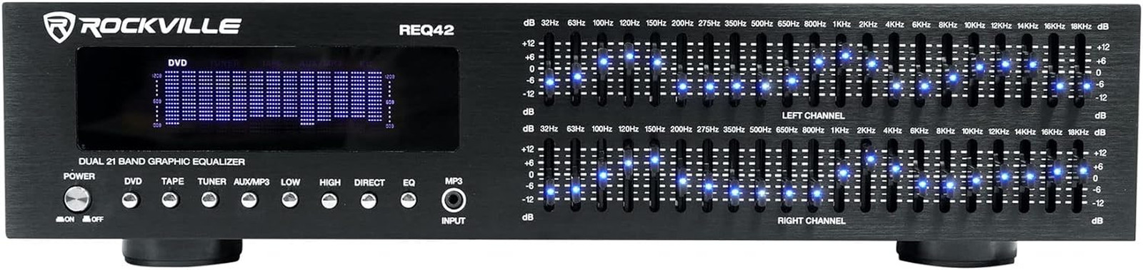 REQ42-B Dual 21-Band Graphic Equalizer, 19" Rack Mount, RCA In/Out, 3.5mm MP3 In