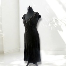 PER UNA Mock Wrap Long Black Ruffle Dress Suedette Crinkle Goth 10 12 NWOT