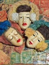 Antique Porcelain Doll Heads Pincushion Faces Flapper Era Sewing Folk Art Lot