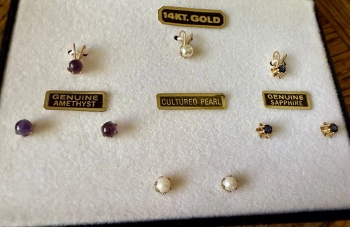 Boxed Set 3 Pairs Sapphire Pearl Amethyst  Earrings & Matching Pendants 14k Gold