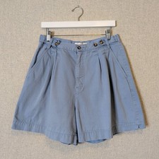 Vintage 90s 100 Cotton Pleated Flare Shorts Blue High Rise Preppy Size 14