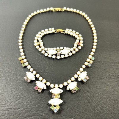 Vtg 50s Milk Glass & Rhinestone Choker Necklace Bracelet Set Box Clasp Gold EVC
