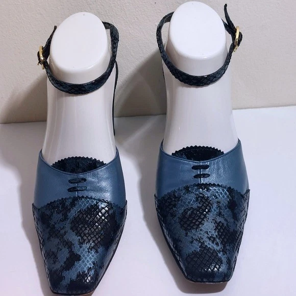 Zapatos Sam & Libby Vintage Cuero Azul Estampado Serpiente Correa al Tobillo Tacón Talla 9 Foto 3 de 4