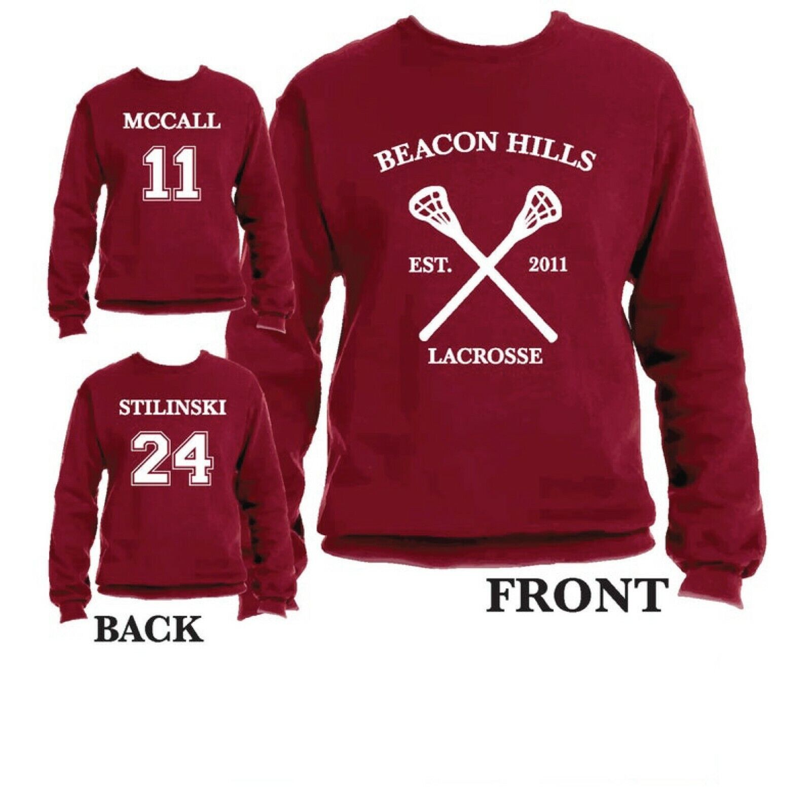 Teen Wolf Beacon Hills Lacrosse Crewneck Sports McCall 11, Stilinski 24