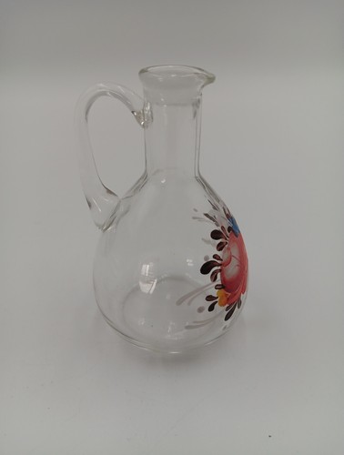 Clear Glass Small Kitchen Serving Cruet W/ Handle Painted Flowers VTG Rattenburg - Picture 5 of 6
