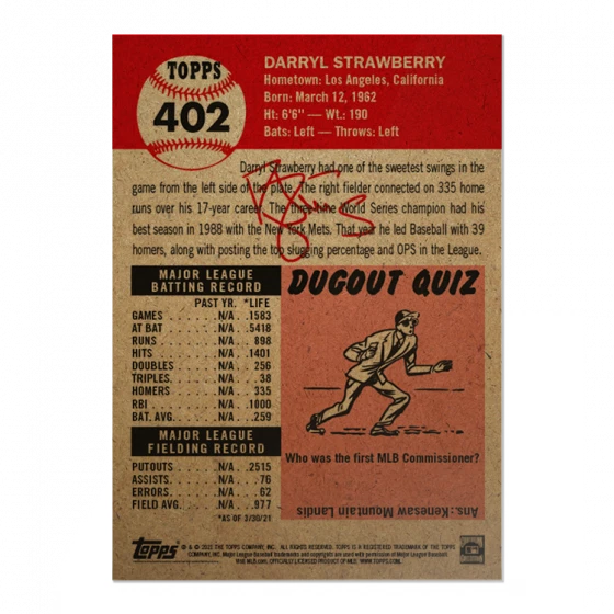 2021 Topps Living Set #402 Darryl Strawberry - Image 2 of 2