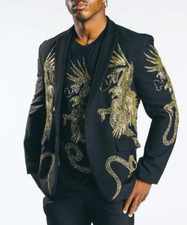 Men Black 2Pc Customized Dragon Embroidered Western Wedding Cocktail Prom Outfit