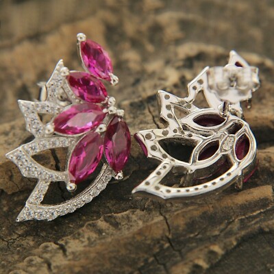 Marquise Cut Simulated Pink Ruby Stunning Stud Earring In 14k White Gold Plated