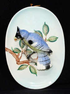 Vintage 3D Blue Jay Wall Plaque, Handpainted Porcelain JAPAN 7" x 5" EPOC