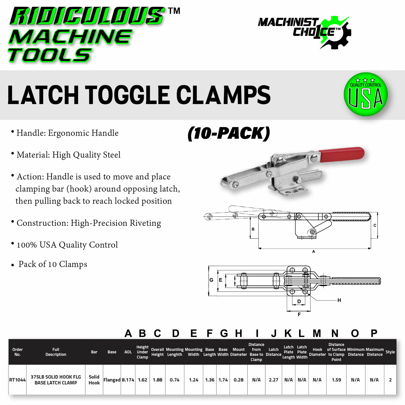 375LB Heavy-Duty Solid Hook Flange Base Latch Clamp Set - 10 Pack