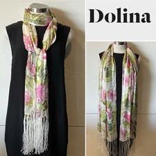 DOLINA Silk Viscose Satin Chiffon Self-Stripe & Floral Fringe Scarf 46cmx 198cm