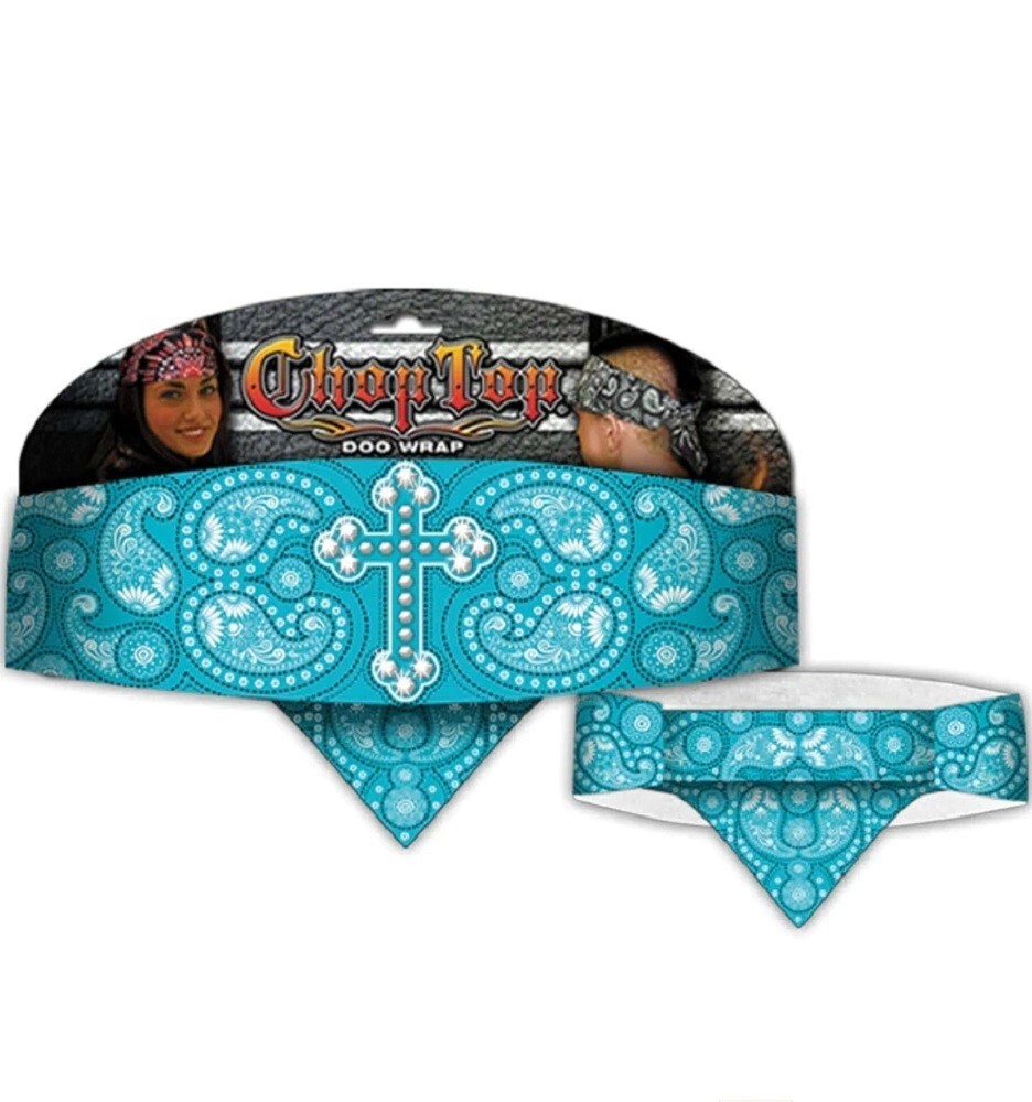 Teal Cross Rhinestones Paisley Chop Top Bandanna Head Wrap