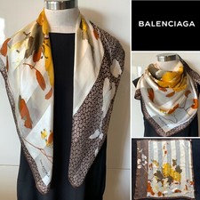 BALENCIAGA Silk Satin Chiffon Stripe Choc,Gold,Tan Floral Scarf 84x84cm Handroll