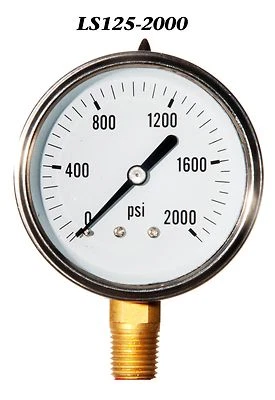 LIBERTY PNEUMATIC Pressure Gauge 0-2000 PSI, Liquid Filled 2.5” Stainless Steel 1/4" NPT LM
