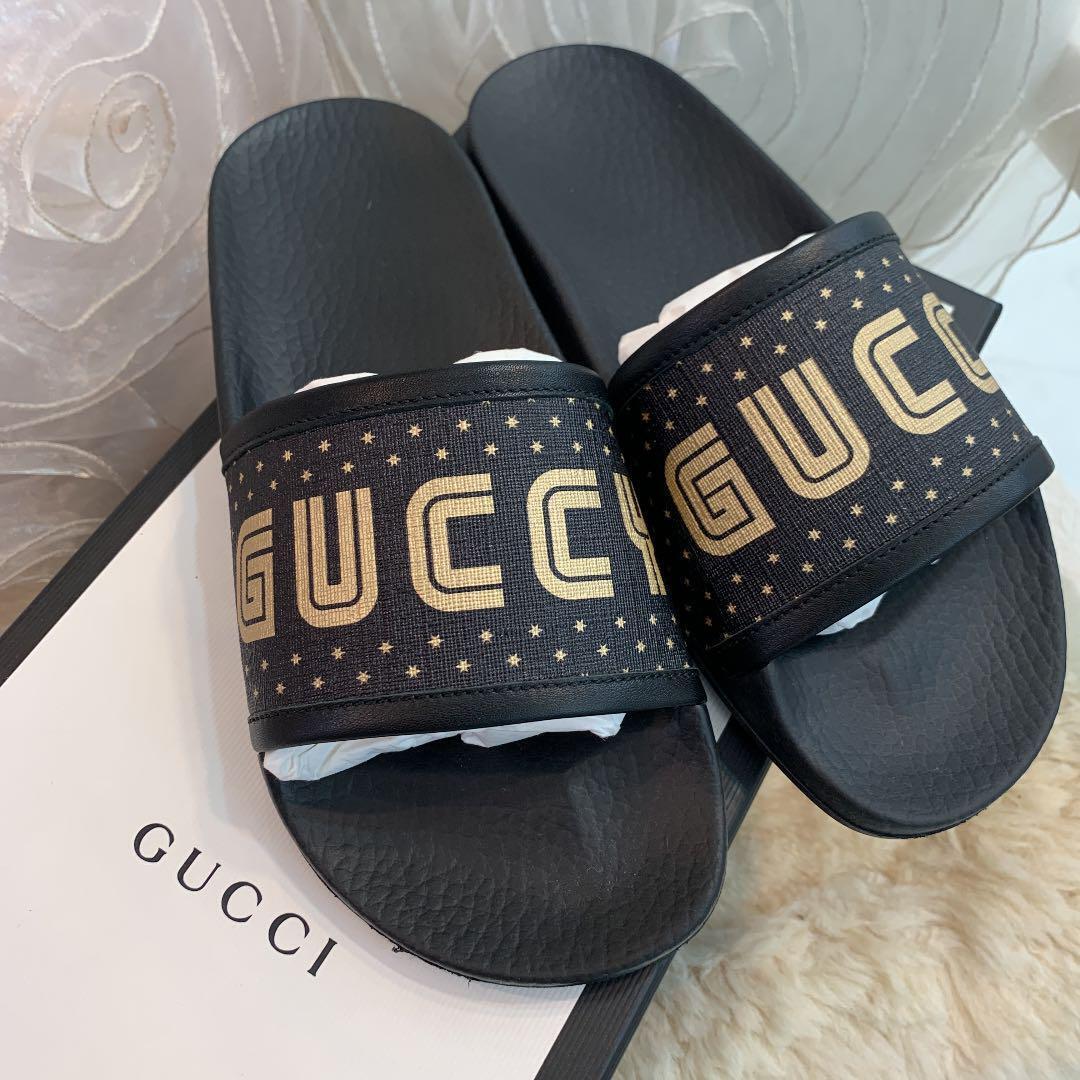 GUCCI GUCCY Print Slide Sandal 36 Black X Gold authentic GUCCI GUCCY Print Slide Sandal 36 Black X Gold authentic