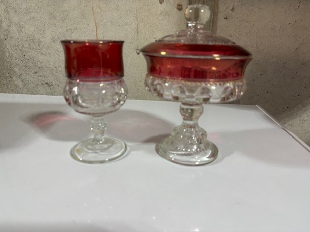VINTAGE KINGS CROWN RUBY THUMBPRINT COMPOTE/CANDY DISH & GOBLET