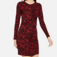 NWT Michael Kors Red Lace Print Ruffle Detail Long Sleeve Dress