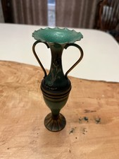 Vintage Brass Enamel Green & Gold 6.5  Bud Vase Hand Painted Made in Israel 