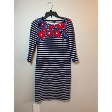 Talbots Navy White Striped Red Floral Sheath Dress XS 3/4 Sleeve Cotton