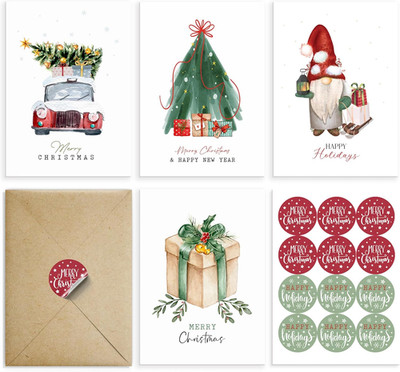 Paper Play Merry Christmas Cards 5x7 Inches Blank Inside with Envelopes