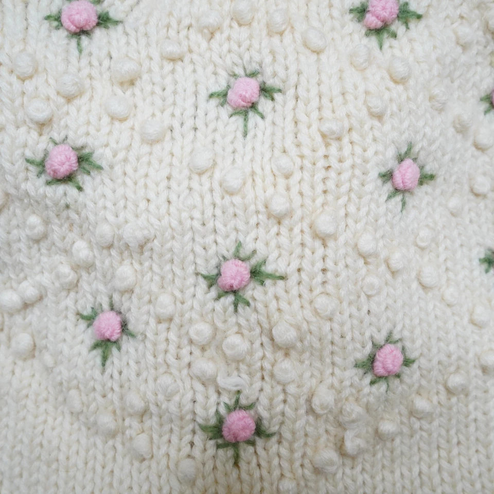 Cárdigan de lana vintage para mujer M beige tejido a mano floral rosa Foto 4 de 4