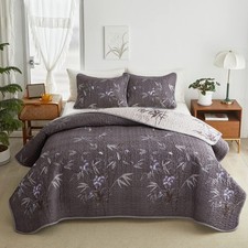 Quilt Set 3 Pieces Full/Queen Size, Black Leaves Botanical Design Reversible Bed