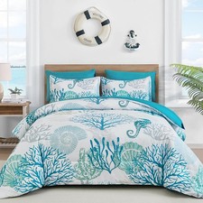 WONGS BEDDING Coastal Comforter Set Queen, Beach Themed Comforter,7 Pieces Ocean