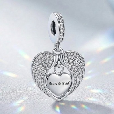   Mum And Dad Charm Genuine 925 Sterling Silver Angel Wings Heart Memorial  