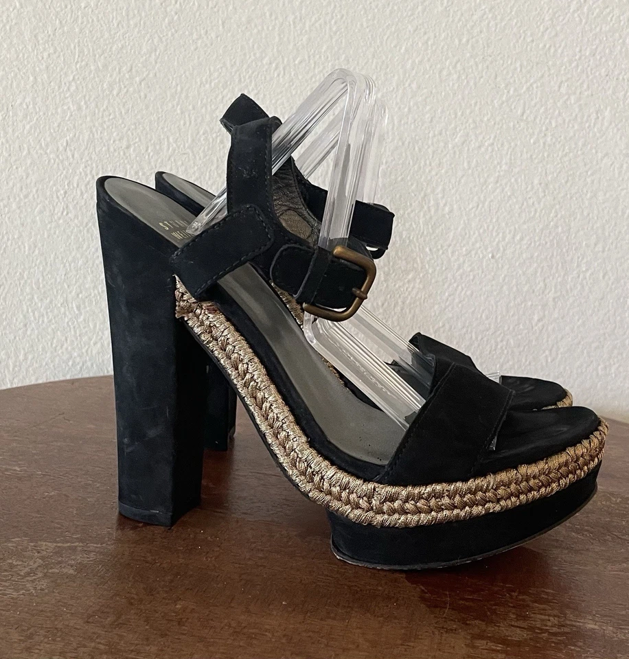 Stuart Weitzman Women Black Suede Platform Block High Heel  Gold Braid Trim 7 - Image 3 of 4