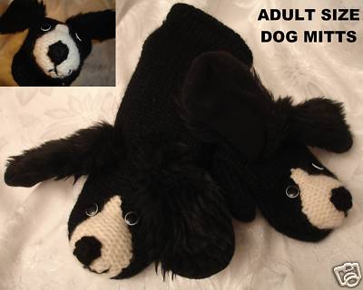 DeLux Tag BLACK DOG MITTENS knit ADULT men women LND animal costume HAT SEPARATE