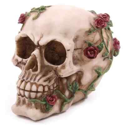ROTE REBEN ROSEN SCHÄDEL ORNAMENT FIGUR STATUE GOTHIC HORROR HEXE SKELETT