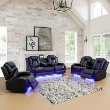 3pcs Leather Recliner Sofa Set with LED Lights with USB Port/Storage Console/Cup