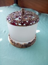 Vintage Trinket/ Jewelry Box, Round Frosted Glass, Brass Lid, Rhinestones