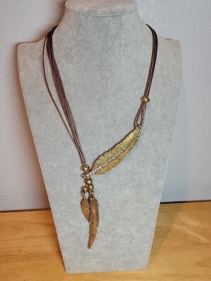 Gold Tone Feather Necklace with Crystals on Brown Chord 20'' Plus Extender
