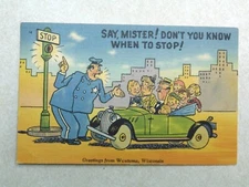J21 Postcard Comic Man in car full of kids Say Mister Dont you know when to stop