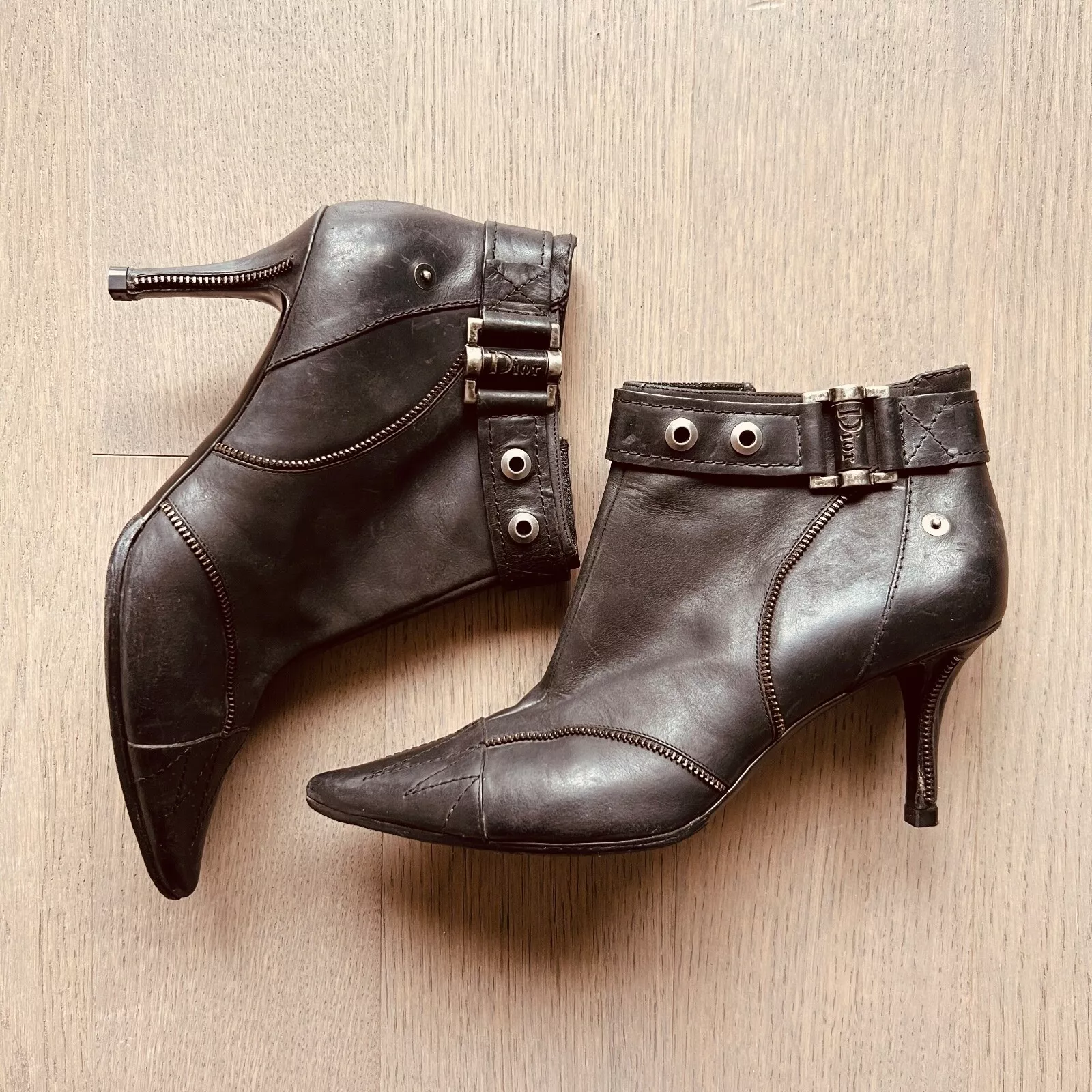 Christian Dior Cuir Noir Bottes Cheville Sciletto   Taille 10