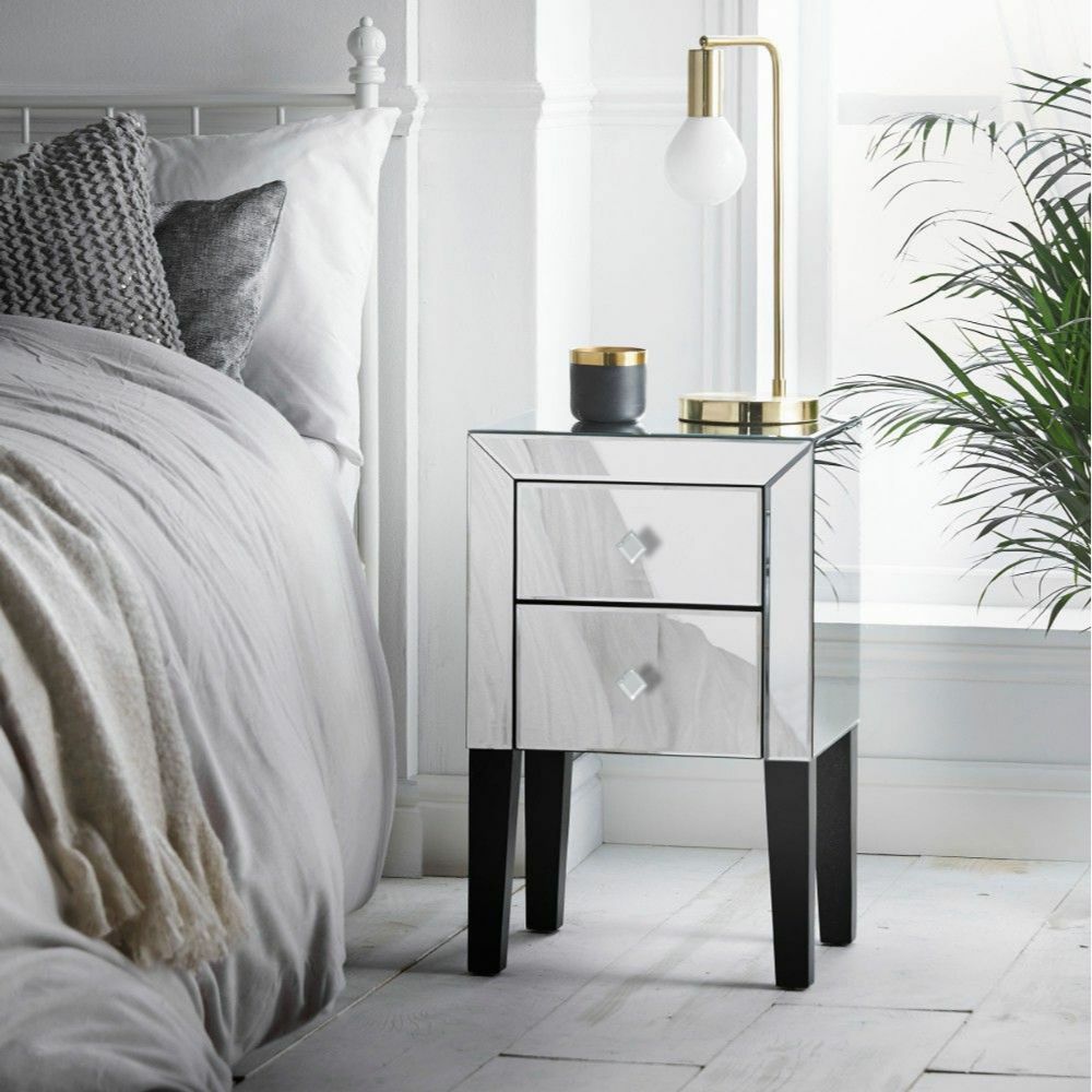 Luxury Style Silver Mirrored Bedside Table W 2 Drawer Bedroom Side Furniture For Sale